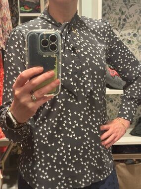 LOFT Black & White Tie-Neck chicken  Print Blouse